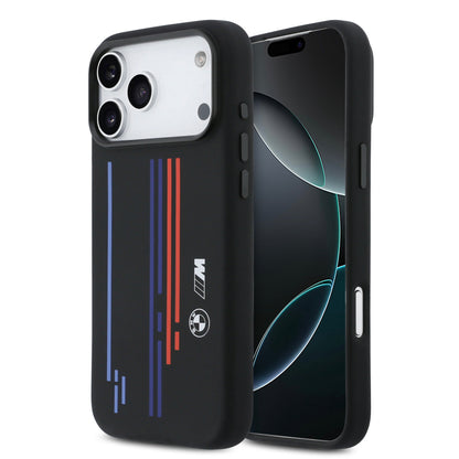 Funda BMW M Series MagSafe de Silicona Negra con Líneas y Logo para iPhone 17 Pro Max | Case Original de Lujo