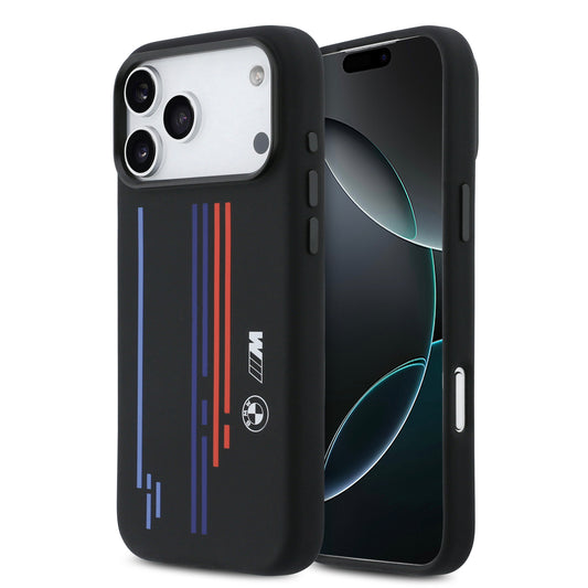 Funda BMW M Series MagSafe de Silicona Negra con Líneas y Logo para iPhone 17 Pro Max | Case Original de Lujo