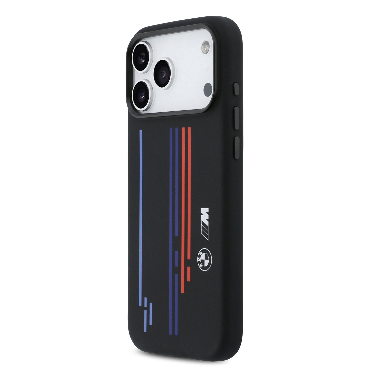 Funda BMW M Series MagSafe de Silicona Negra con Líneas y Logo para iPhone 17 Pro Max | Case Original de Lujo