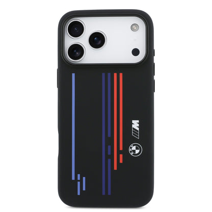 Funda BMW M Series MagSafe de Silicona Negra con Líneas y Logo para iPhone 17 Pro Max | Case Original de Lujo