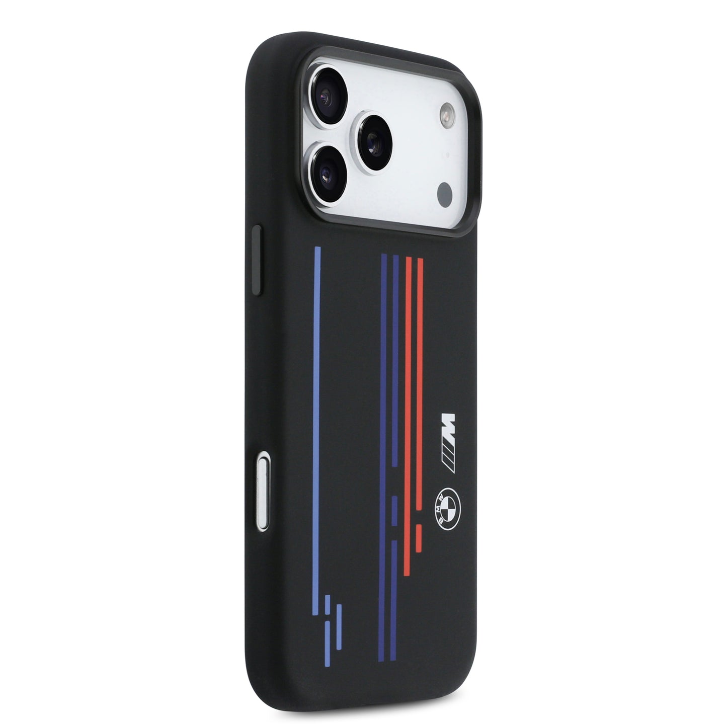 Funda BMW M Series MagSafe de Silicona Negra con Líneas y Logo para iPhone 17 Pro Max | Case Original de Lujo