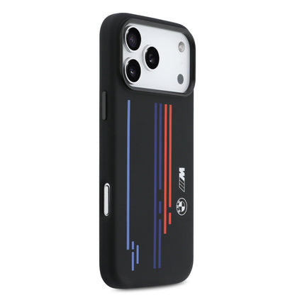 Funda BMW M Series MagSafe de Silicona Negra con Líneas y Logo para iPhone 17 Pro Max | Case Original de Lujo