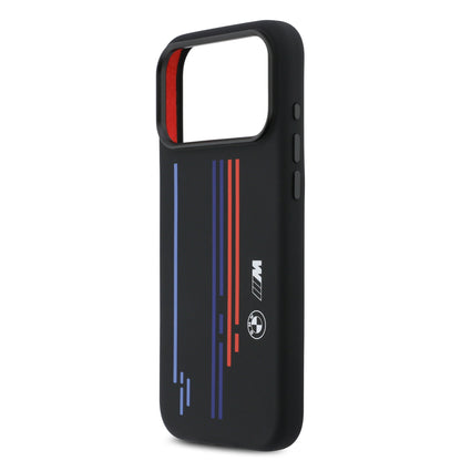 Funda BMW M Series MagSafe de Silicona Negra con Líneas y Logo para iPhone 17 Pro Max | Case Original de Lujo