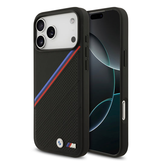 Funda BMW M Motorsport MagSafe de Piel Tricolor con Logo Metálico para iPhone 17 Pro Max - Negra | Case Original de Lujo