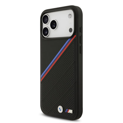 Funda BMW M Series MagSafe de Piel Tricolor con Logo Metálico para iPhone 17 Pro - Negra | Case Original de Lujo