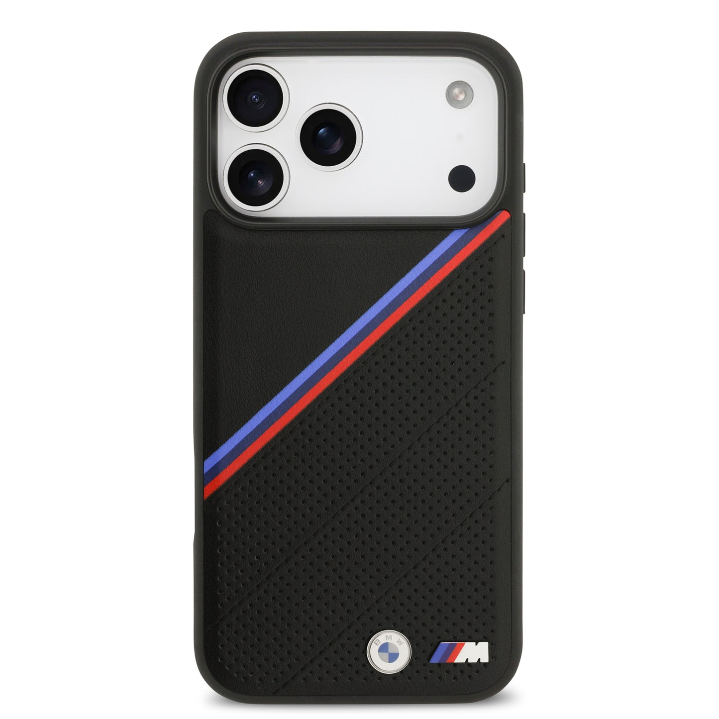 Funda BMW M Series MagSafe de Piel Tricolor con Logo Metálico para iPhone 17 Pro - Negra | Case Original de Lujo