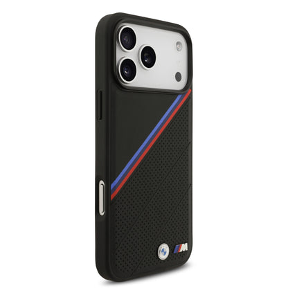 Funda BMW M Series MagSafe de Piel Tricolor con Logo Metálico para iPhone 17 Pro - Negra | Case Original de Lujo