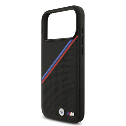 Funda BMW M Series MagSafe de Piel Tricolor con Logo Metálico para iPhone 17 Pro - Negra | Case Original de Lujo