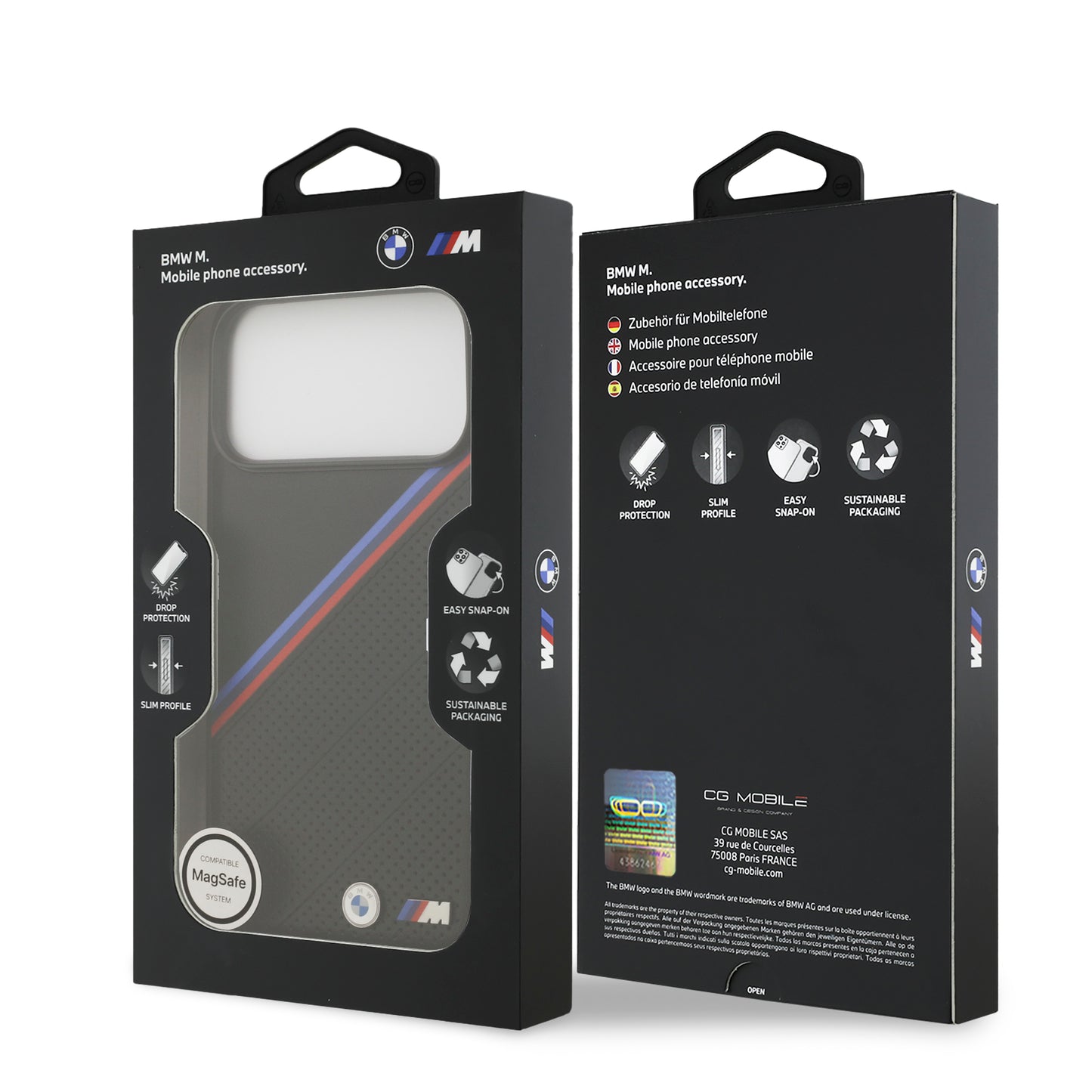 Funda BMW M Series MagSafe de Piel Tricolor con Logo Metálico para iPhone 17 Pro - Negra | Case Original de Lujo