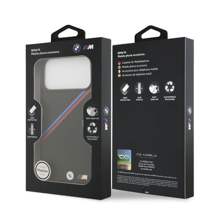 Funda BMW M Series MagSafe de Piel Tricolor con Logo Metálico para iPhone 17 Pro - Negra | Case Original de Lujo