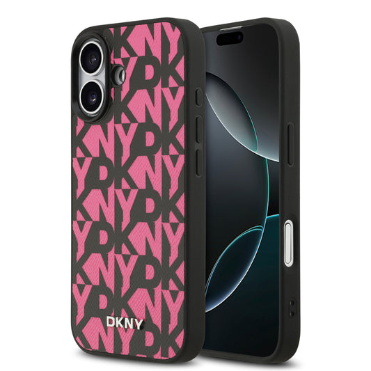 Funda DKNY MagSafe de Piel Granulada con Patrón de Cuadrícula para iPhone 17 - Rosa | Case Original de Lujo