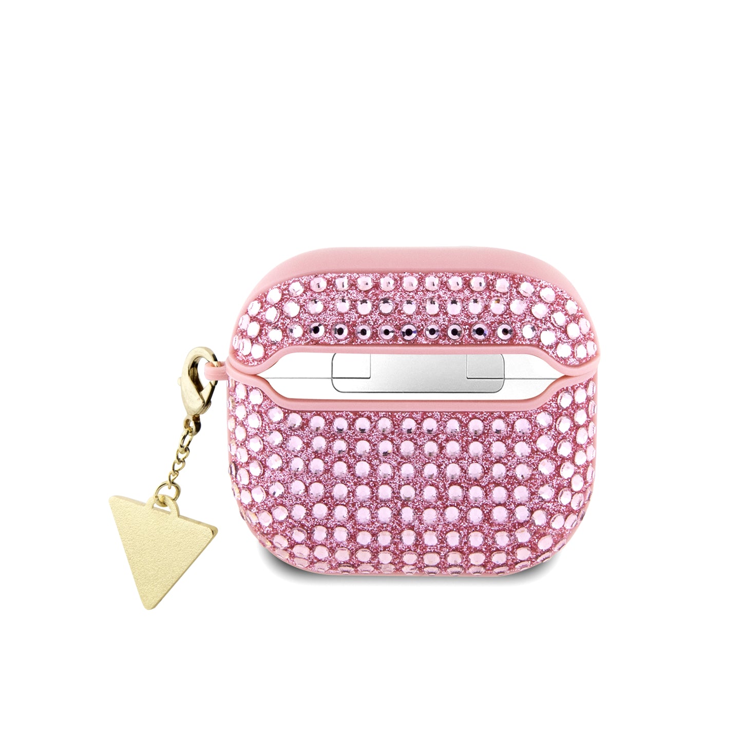 Case Guess Rosa para AirPods 4 con Diamantes y Dije Triángulo – Elegancia y Protección