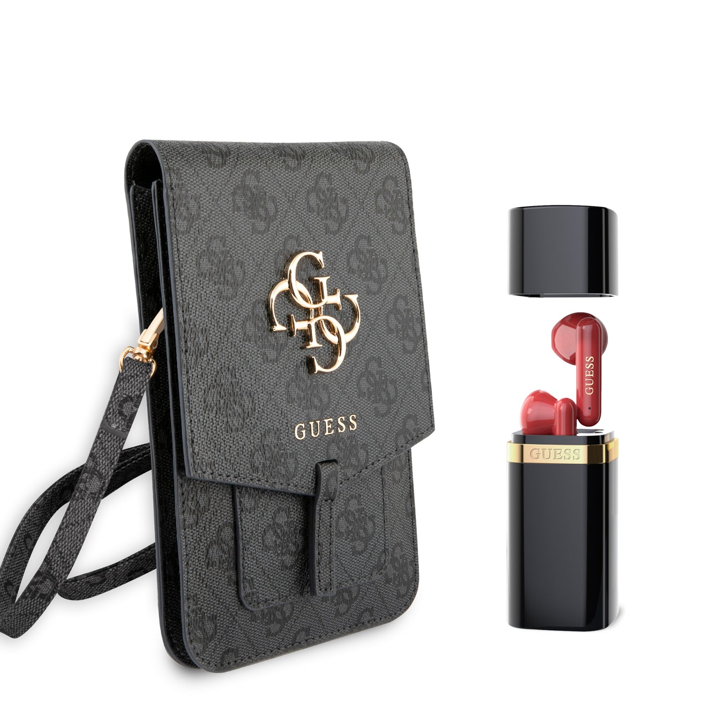 Set de Lujo Guess: Cartera Monograma 4G + Audífonos Inalámbricos Lipstick Negros | Kit de Regalo Original