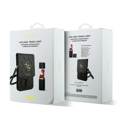 Set de Lujo Guess: Cartera Monograma 4G + Audífonos Inalámbricos Lipstick Negros | Kit de Regalo Original