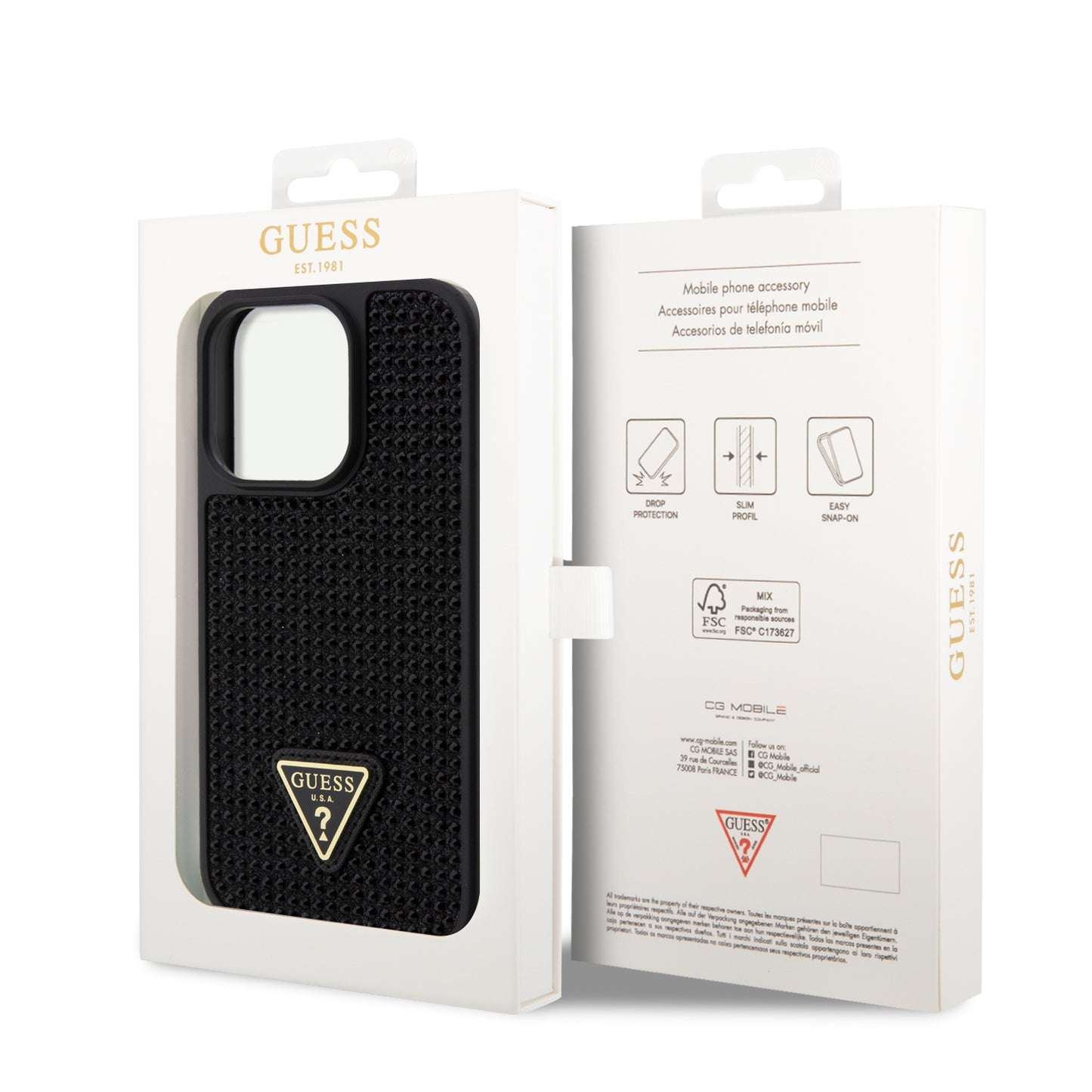 Case Guess Pedrería Logo Clásico para iPhone 15 Pro Negro - Funda de Lujo