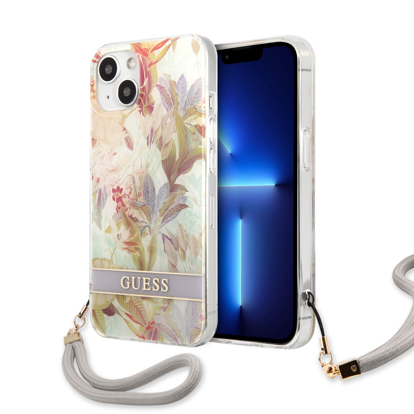 Case Guess Flores con Brillos para iPhone 14 Plus – Funda Lila Original