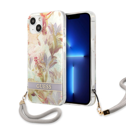 Case Guess Flores con Brillos para iPhone 14 Plus – Funda Lila Original