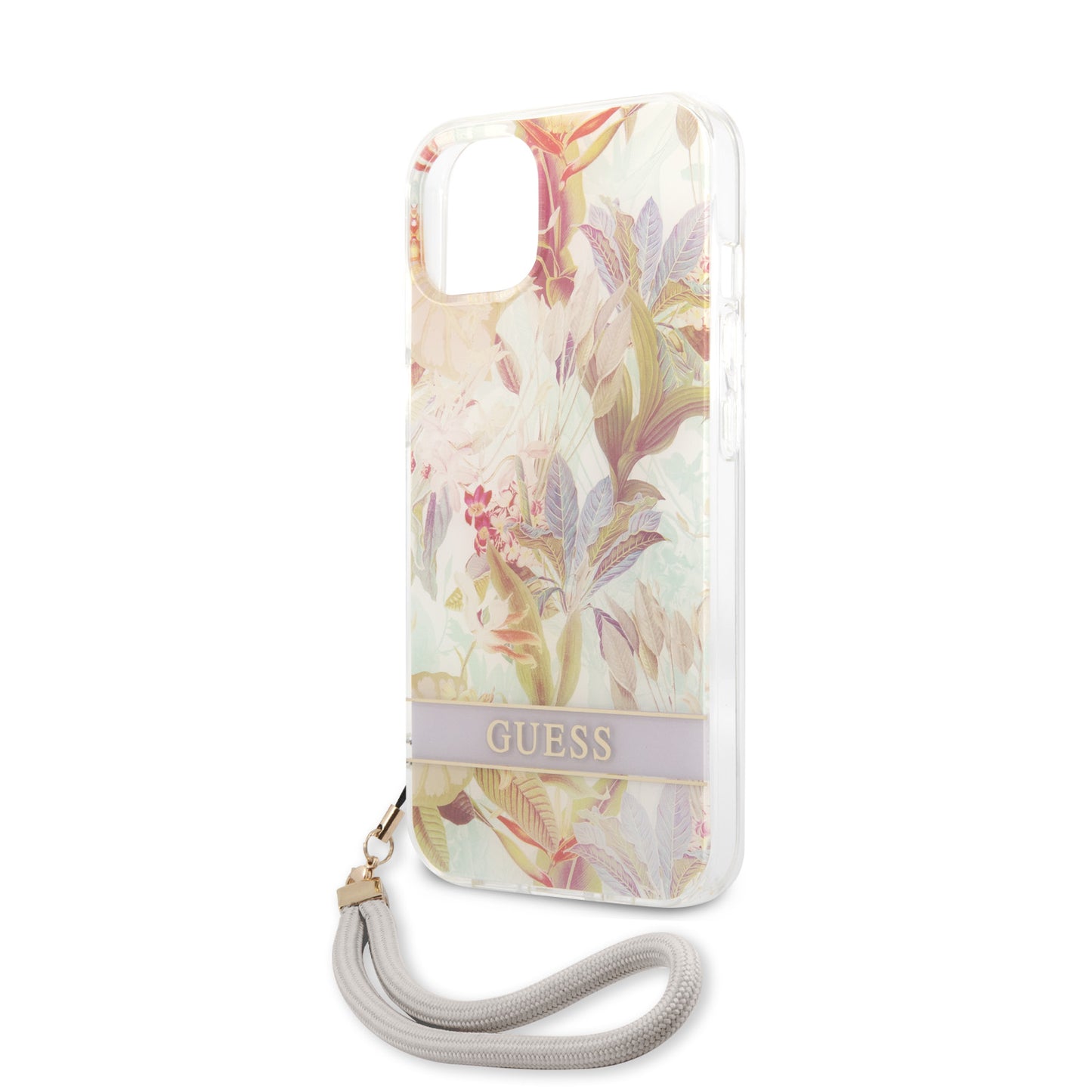 Case Guess Flores con Brillos para iPhone 14 Plus – Funda Lila Original