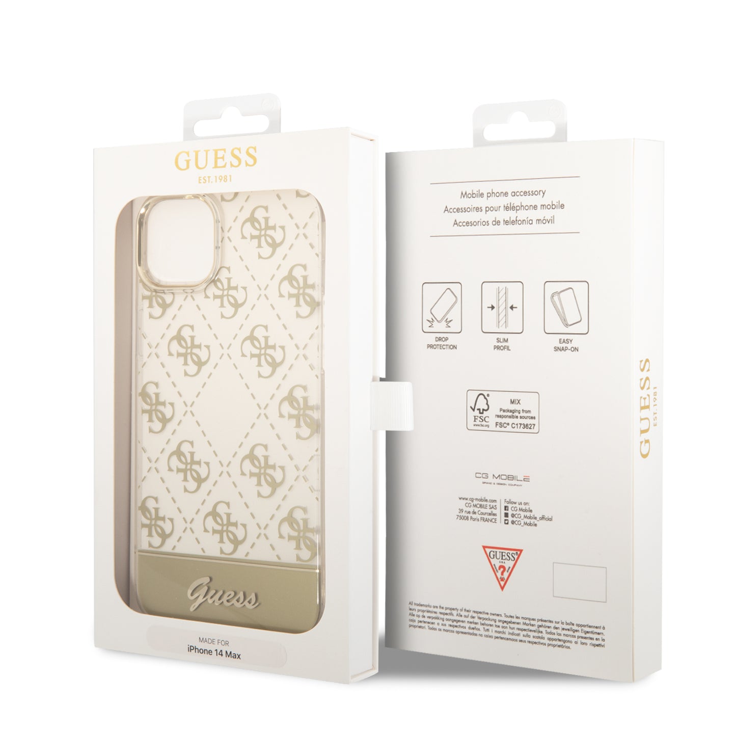 Funda Guess con Logo 4G Impreso para iPhone 14 Plus - Dorado | Case Original de Lujo