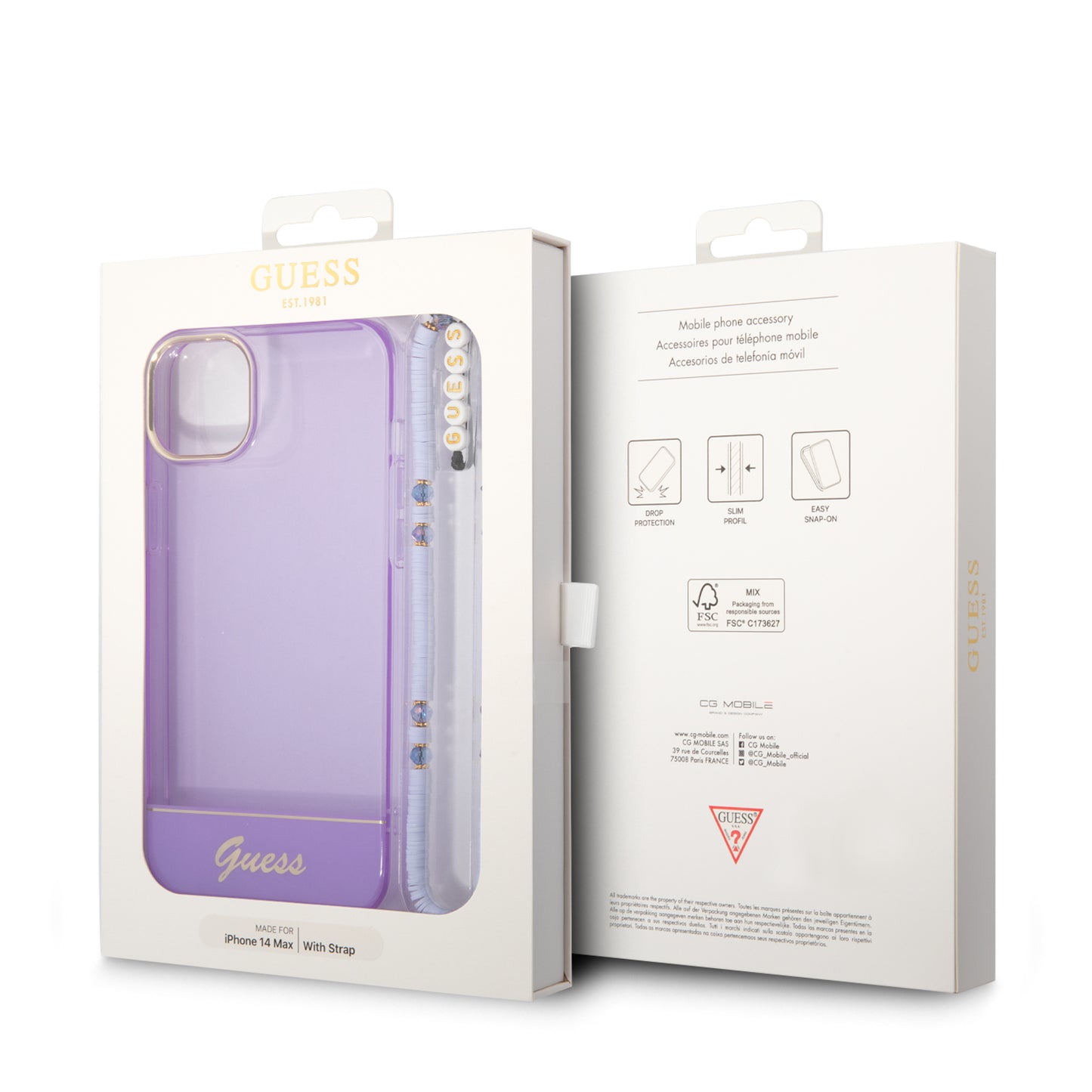 Funda Guess Translúcida con Correa Lila para iPhone 14 Plus – PC/TPU Premium
