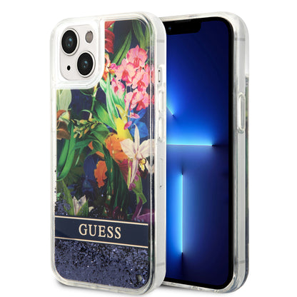 Case Guess Flores con Brillos para iPhone 14 Plus – Funda Azul Original