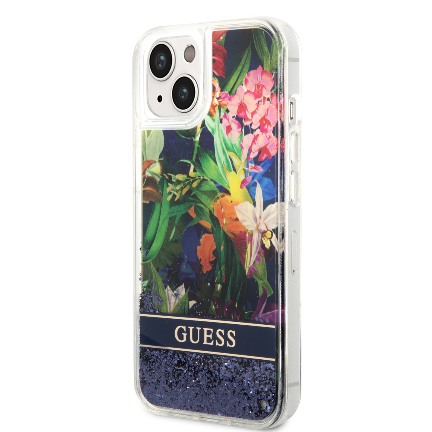 Case Guess Flores con Brillos para iPhone 14 Plus – Funda Azul Original