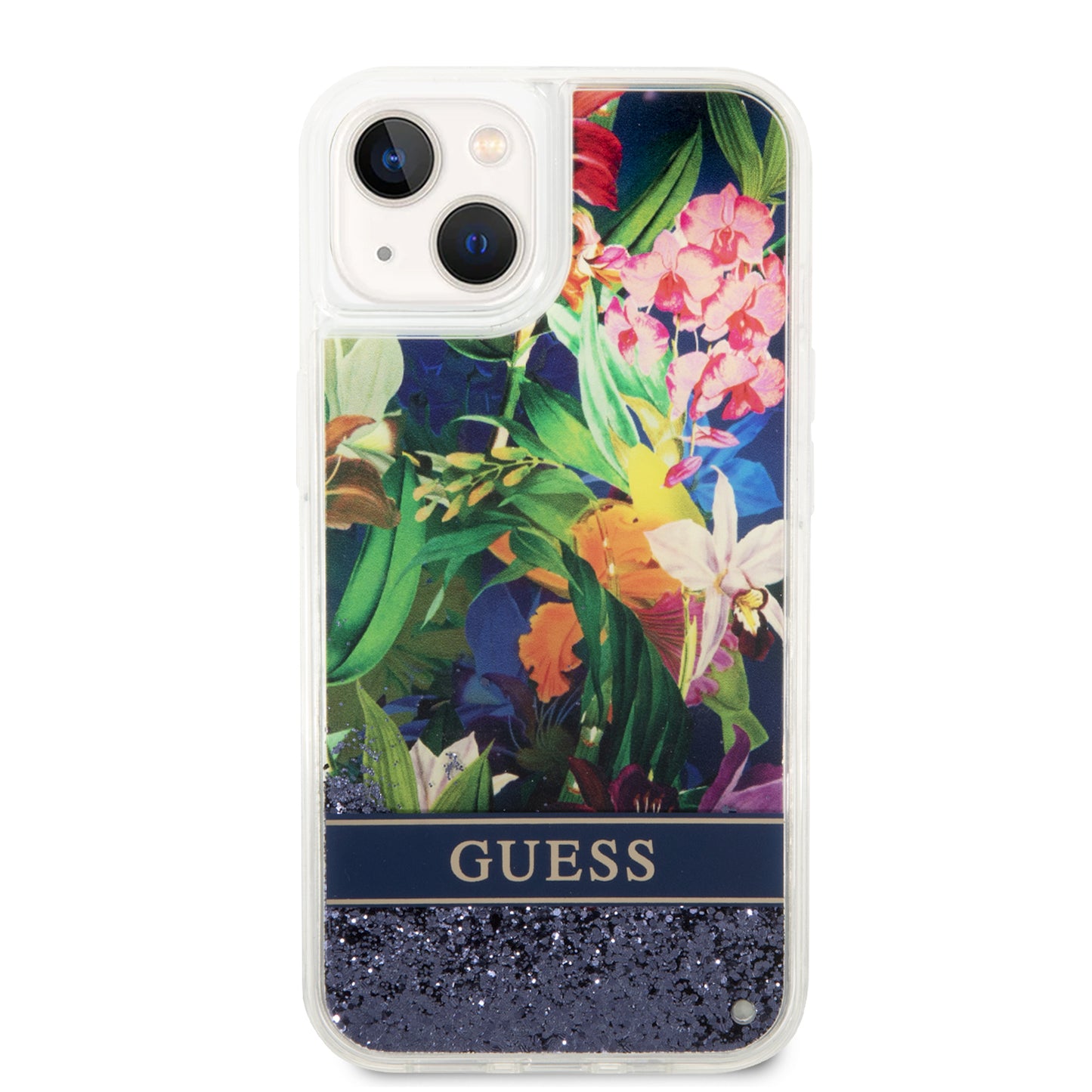 Case Guess Flores con Brillos para iPhone 14 Plus – Funda Azul Original