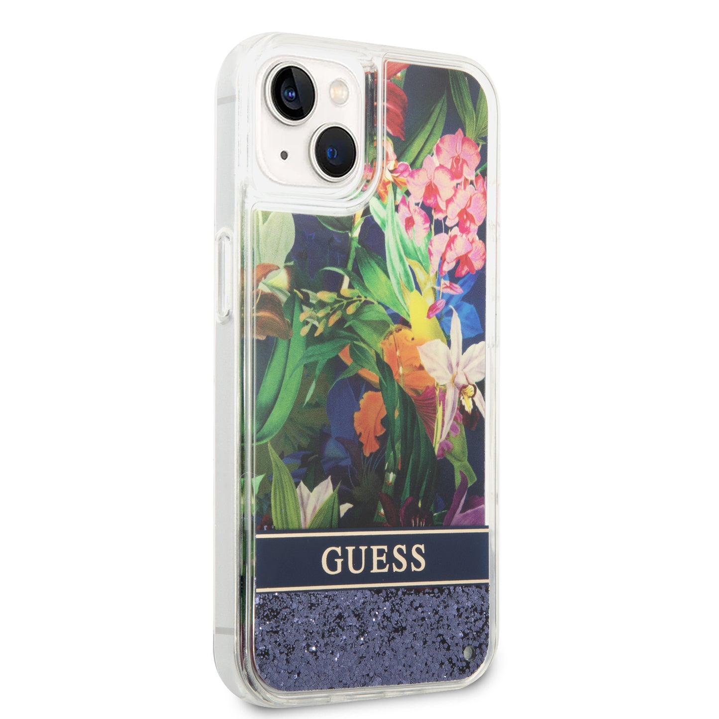 Case Guess Flores con Brillos para iPhone 14 Plus – Funda Azul Original