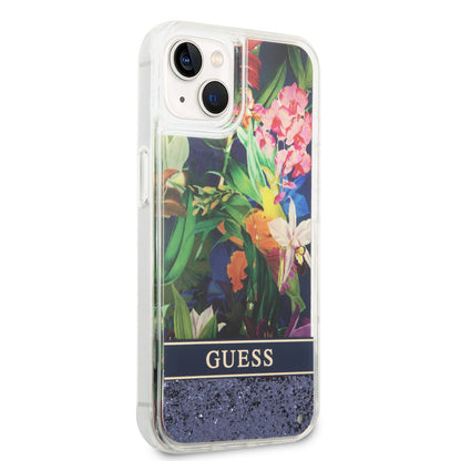 Case Guess Flores con Brillos para iPhone 14 Plus – Funda Azul Original