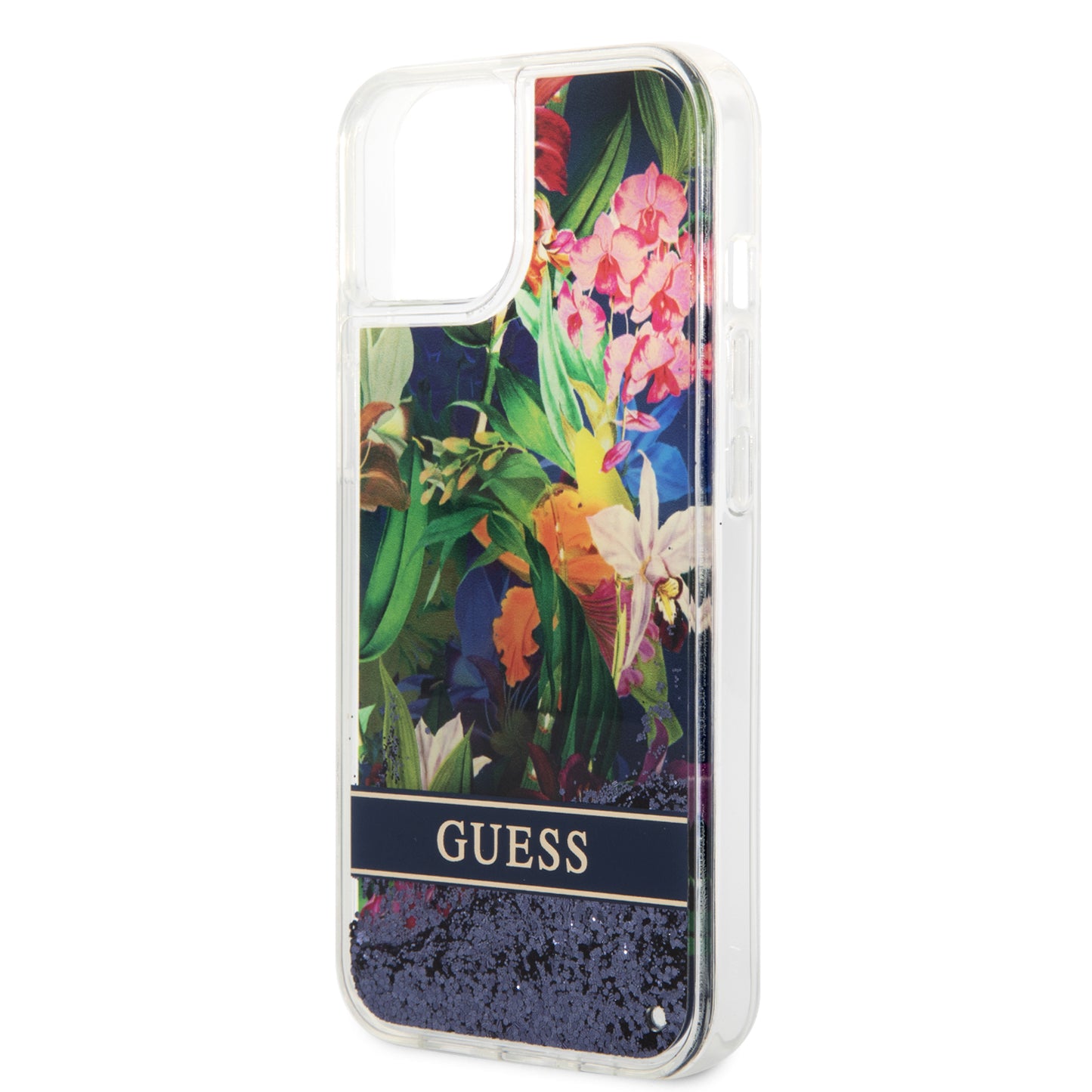 Case Guess Flores con Brillos para iPhone 14 Plus – Funda Azul Original