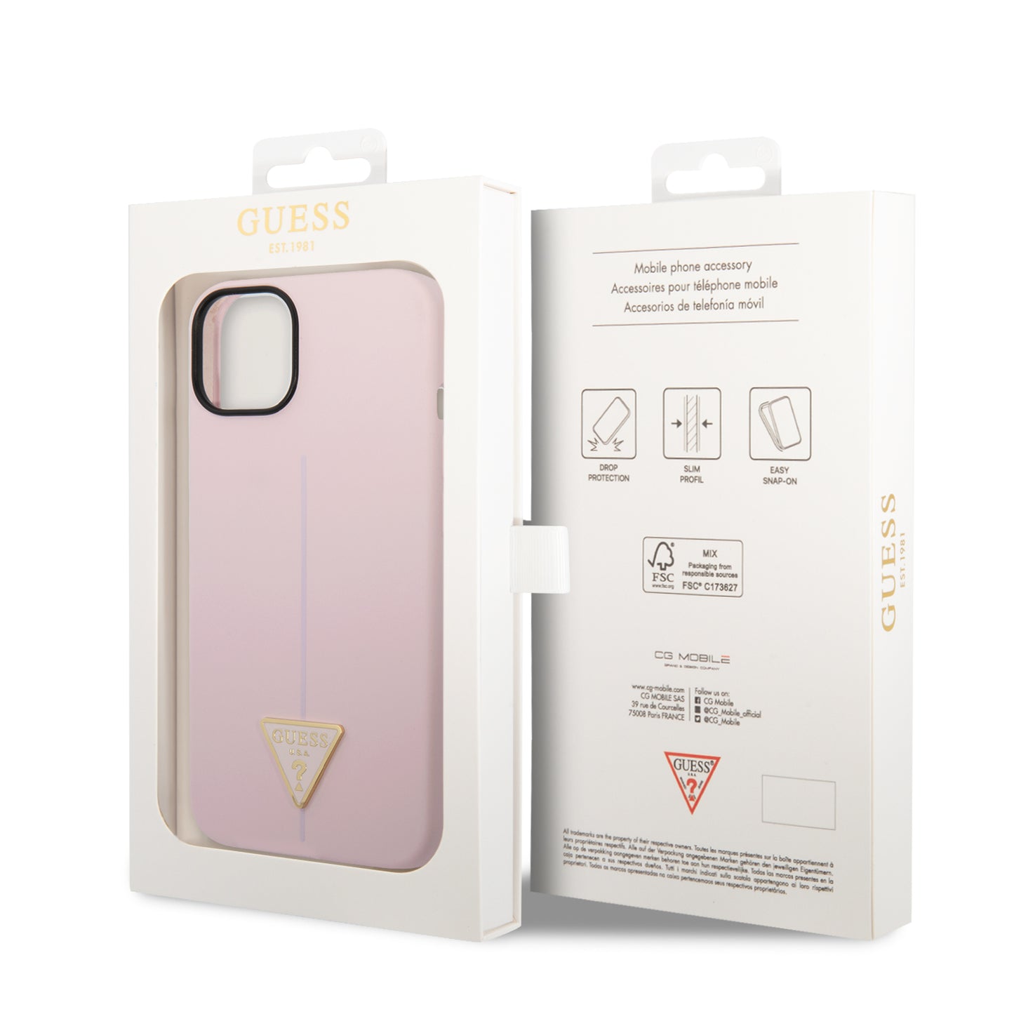 Case Guess Silicón Rosa Triángulo para iPhone 14 Plus – Funda Original Soft Touch
