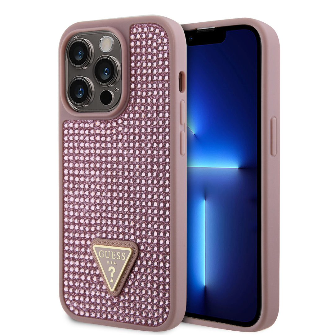 Funda Guess Pedrería Logo Triángulo para iPhone 15 Pro - Rosa Glamour y Elegancia