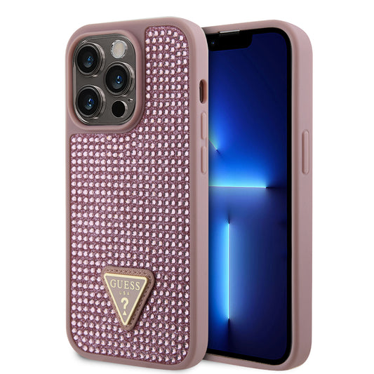 Case Guess Pedrería Logo Triángulo para iPhone 15 Pro - Rosa Glamour y Elegancia