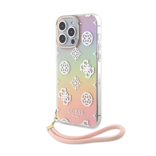 Case Guess Peony Tornasol con Correa para iPhone 15 Pro | Estilo Iridiscente y Práctico