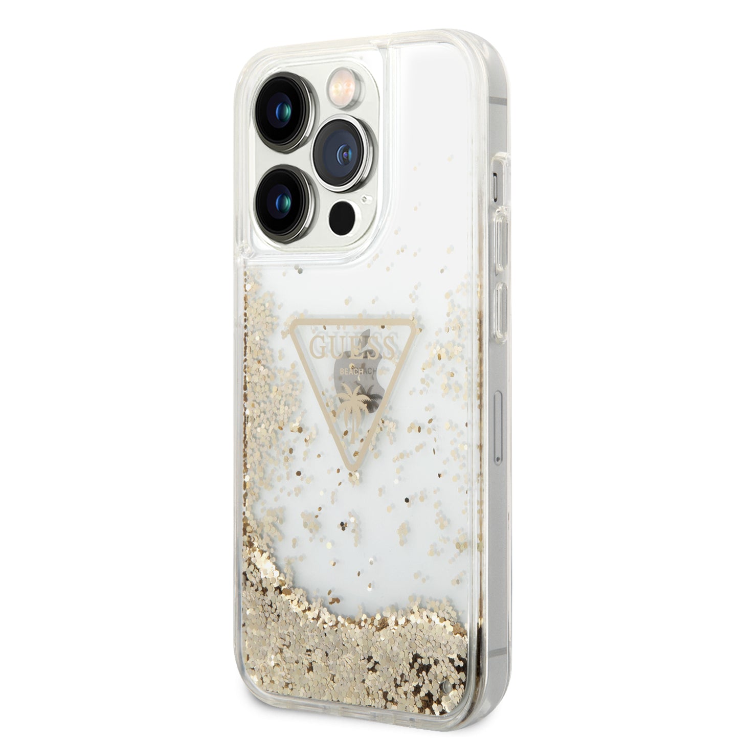 Case Guess Brillantina Dorada Triángulo para iPhone 15 Pro | Elegancia y Protección Premium