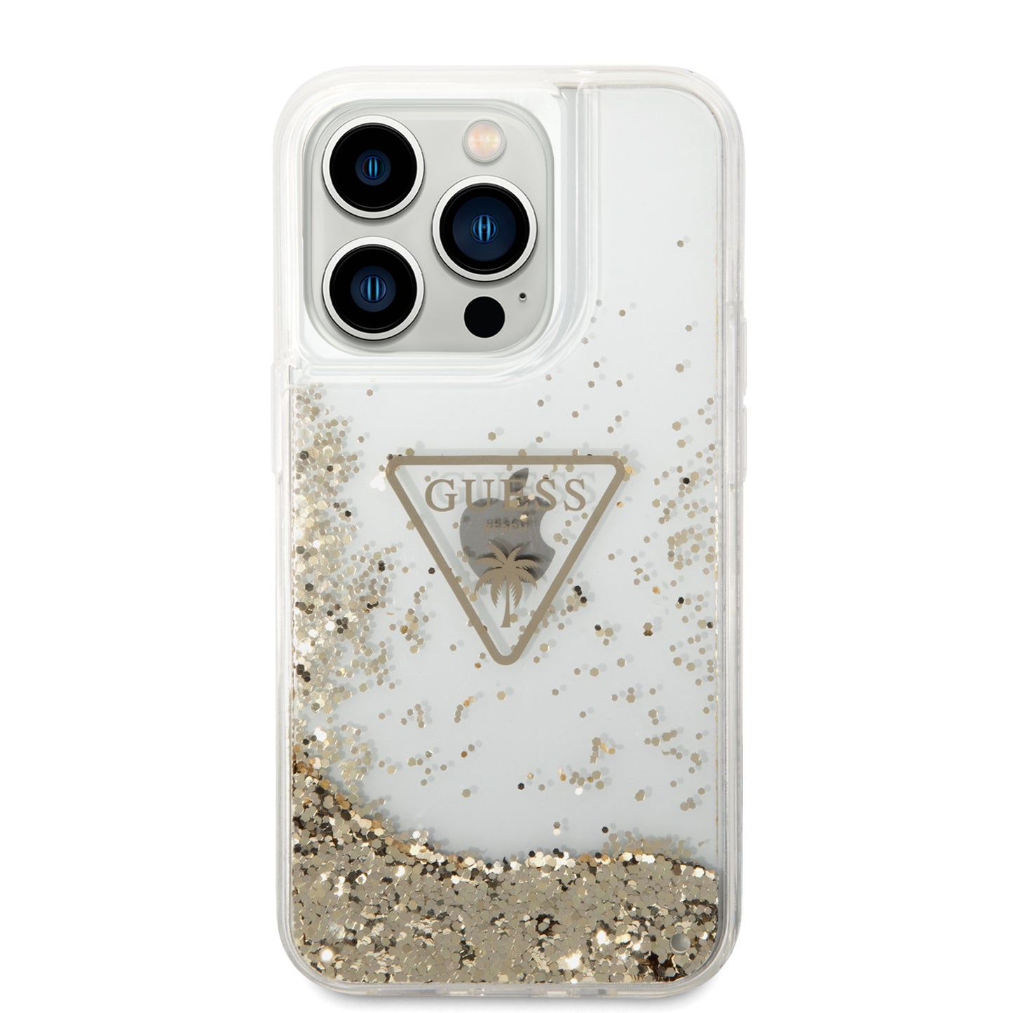 Case Guess Brillantina Dorada Triángulo para iPhone 15 Pro | Elegancia y Protección Premium