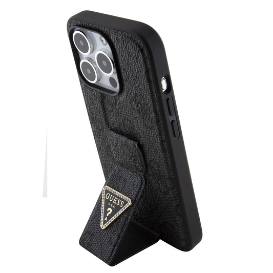 Case Guess 4G Logo Triángulo Stand para iPhone 15 Pro - Funda Negra y Moderna