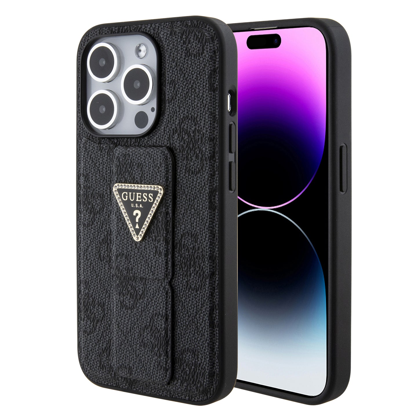 Case Guess 4G Logo Triángulo Stand para iPhone 15 Pro - Funda Negra y Moderna