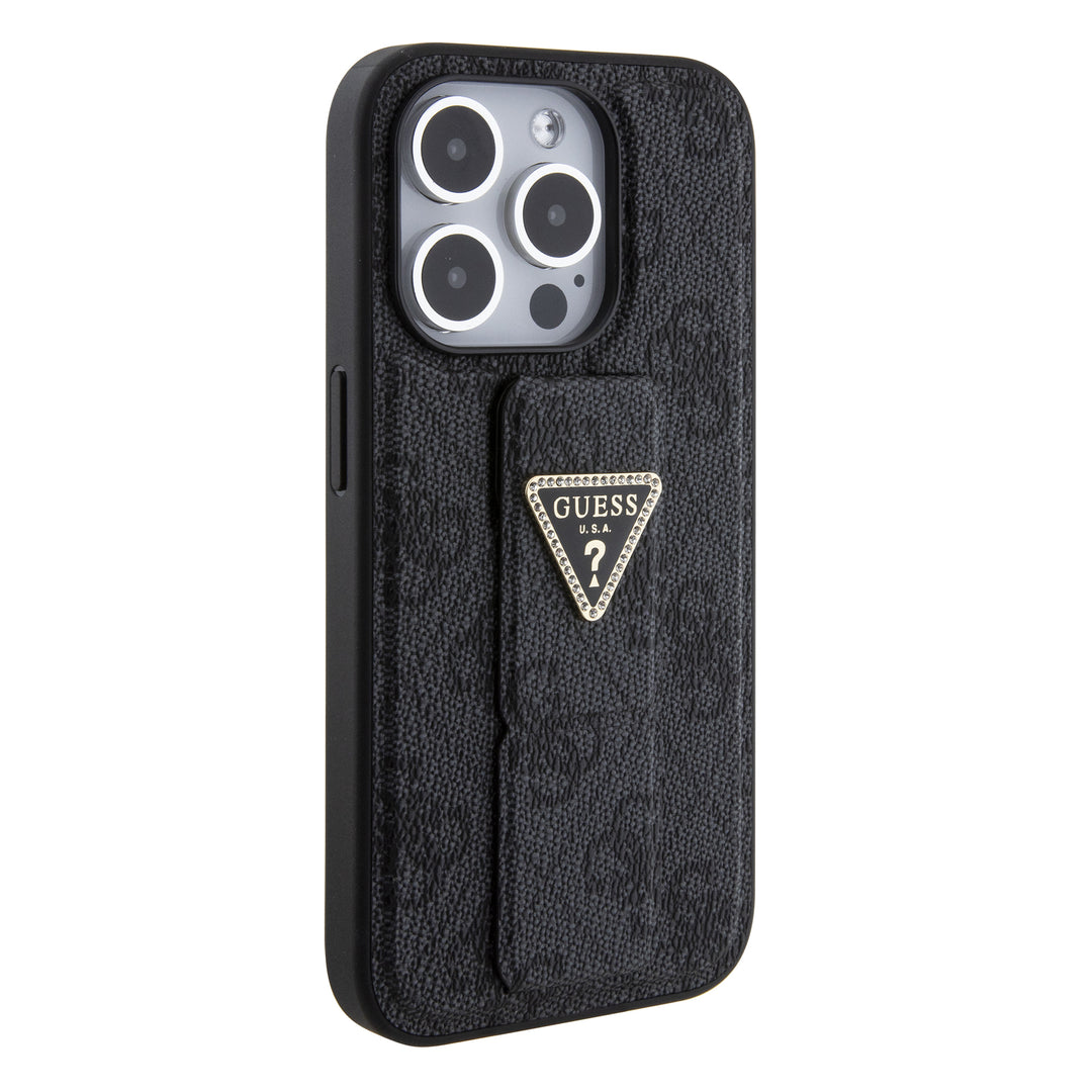 Case Guess 4G Logo Triángulo Stand para iPhone 15 Pro - Funda Negra y Moderna