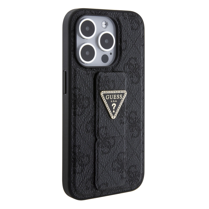 Case Guess 4G Logo Triángulo Stand para iPhone 15 Pro - Funda Negra y Moderna