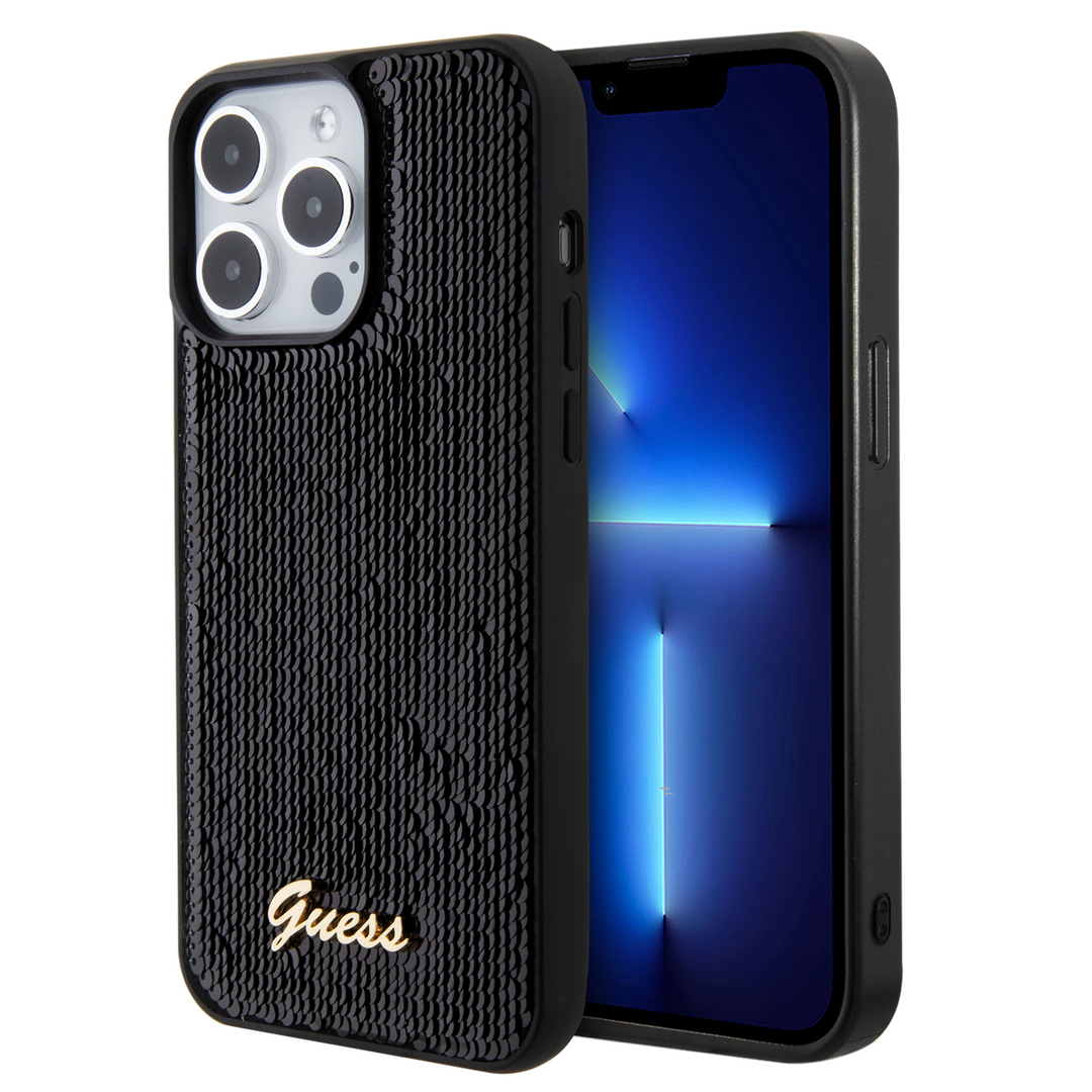Funda Guess Lentejuela con Logo Metálico para iPhone 15 Pro Negro - Elegancia y Protección