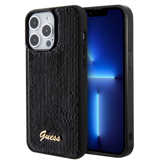 Case Guess Lentejuela con Logo Metálico para iPhone 15 Pro Negro - Elegancia y Protección