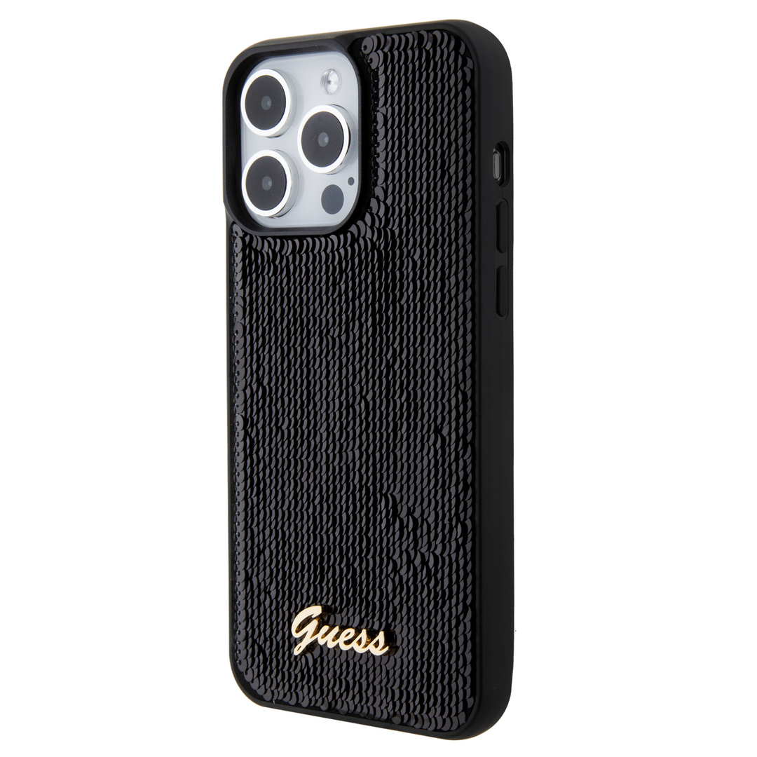 Funda Guess Lentejuela con Logo Metálico para iPhone 15 Pro Negro - Elegancia y Protección