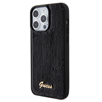 Case Guess Lentejuela con Logo Metálico para iPhone 15 Pro Negro - Elegancia y Protección