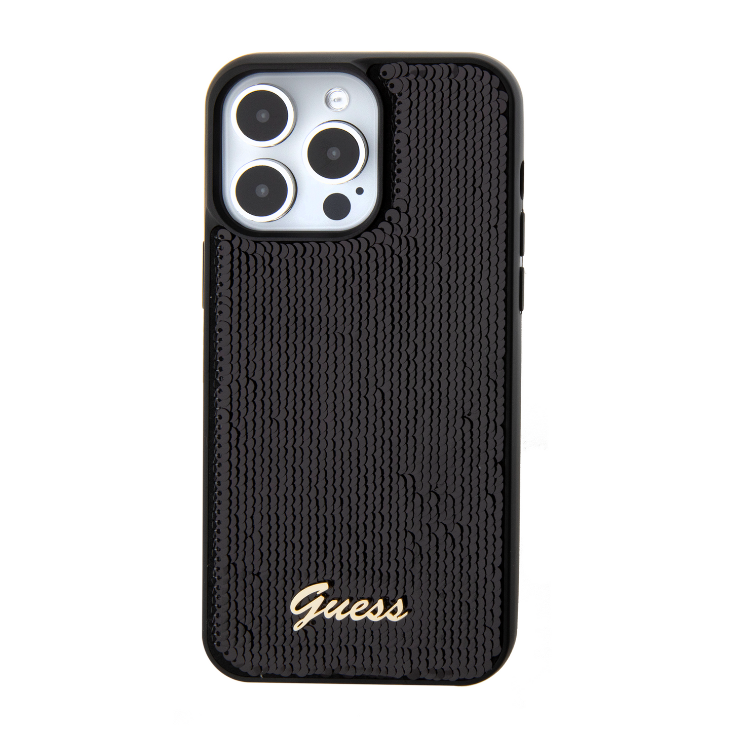 Case Guess Lentejuela con Logo Metálico para iPhone 15 Pro Negro - Elegancia y Protección