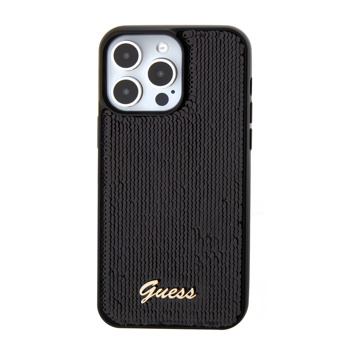 Funda Guess Lentejuela con Logo Metálico para iPhone 15 Pro Negro - Elegancia y Protección