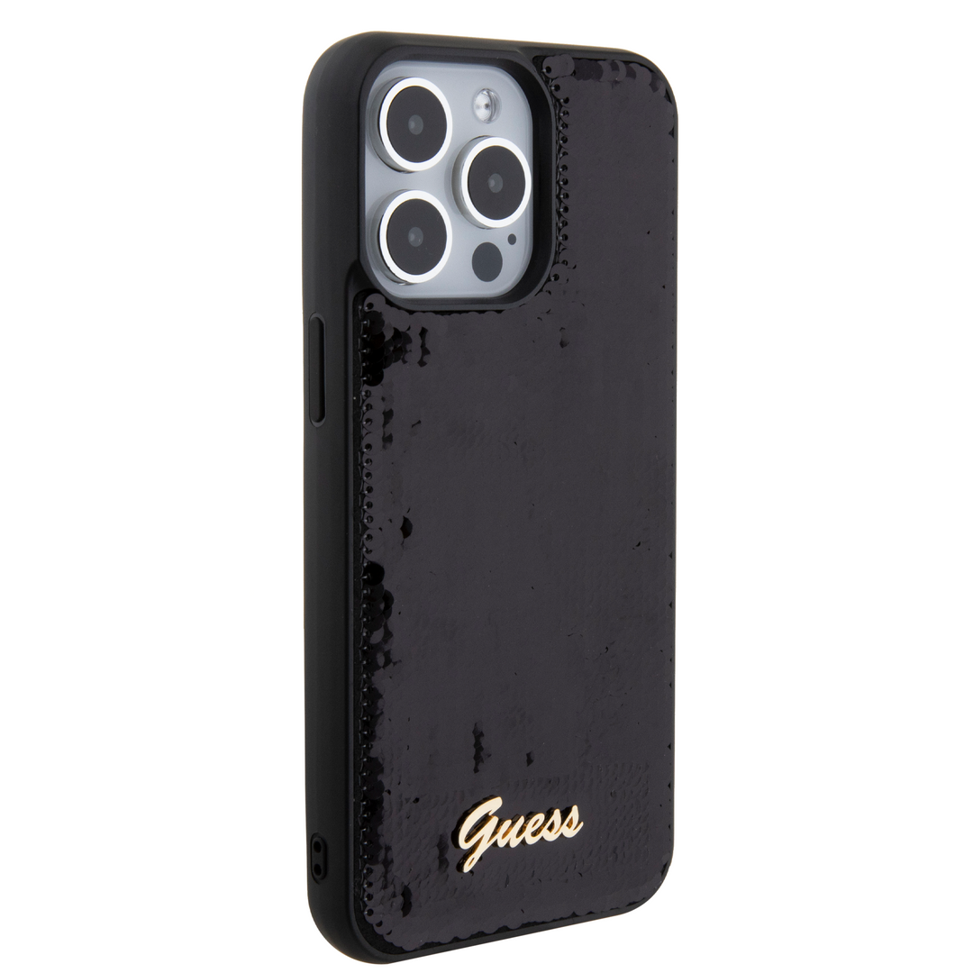 Funda Guess Lentejuela con Logo Metálico para iPhone 15 Pro Negro - Elegancia y Protección