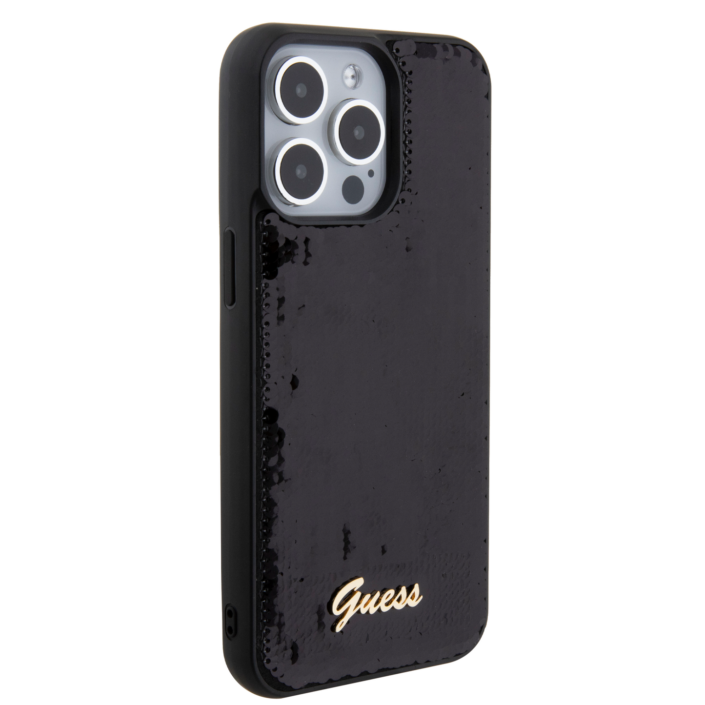 Case Guess Lentejuela con Logo Metálico para iPhone 15 Pro Negro - Elegancia y Protección