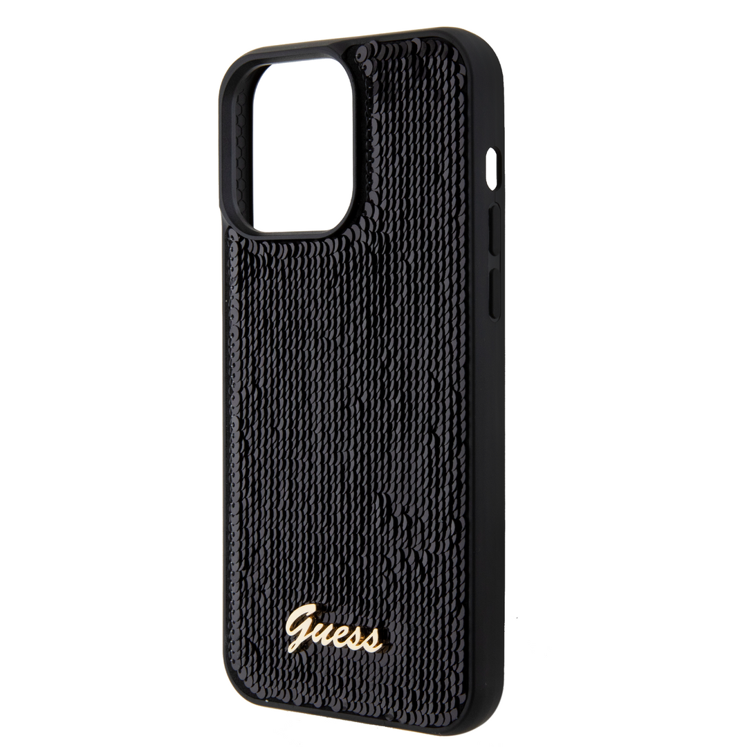 Funda Guess Lentejuela con Logo Metálico para iPhone 15 Pro Negro - Elegancia y Protección