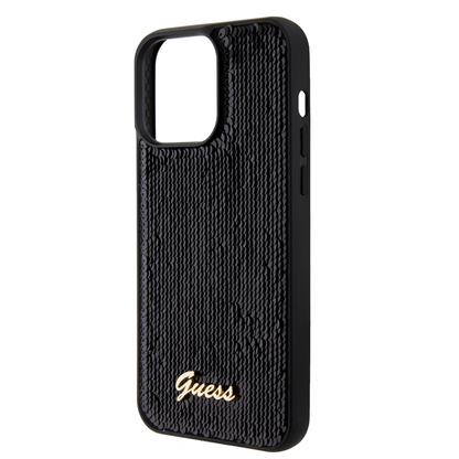 Case Guess Lentejuela con Logo Metálico para iPhone 15 Pro Negro - Elegancia y Protección